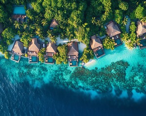 Sunny summer day in the Maldives captured from above, with a luxury island resort featuring overwater villas, tropical palms, and crystalclear ocean views