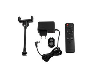 et of electronic accessories including a phone holder, power adapter, remote control, and wired...