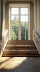 Fototapeta premium Bright and modern interior showcasing staircase and scenic mountain view in daytime