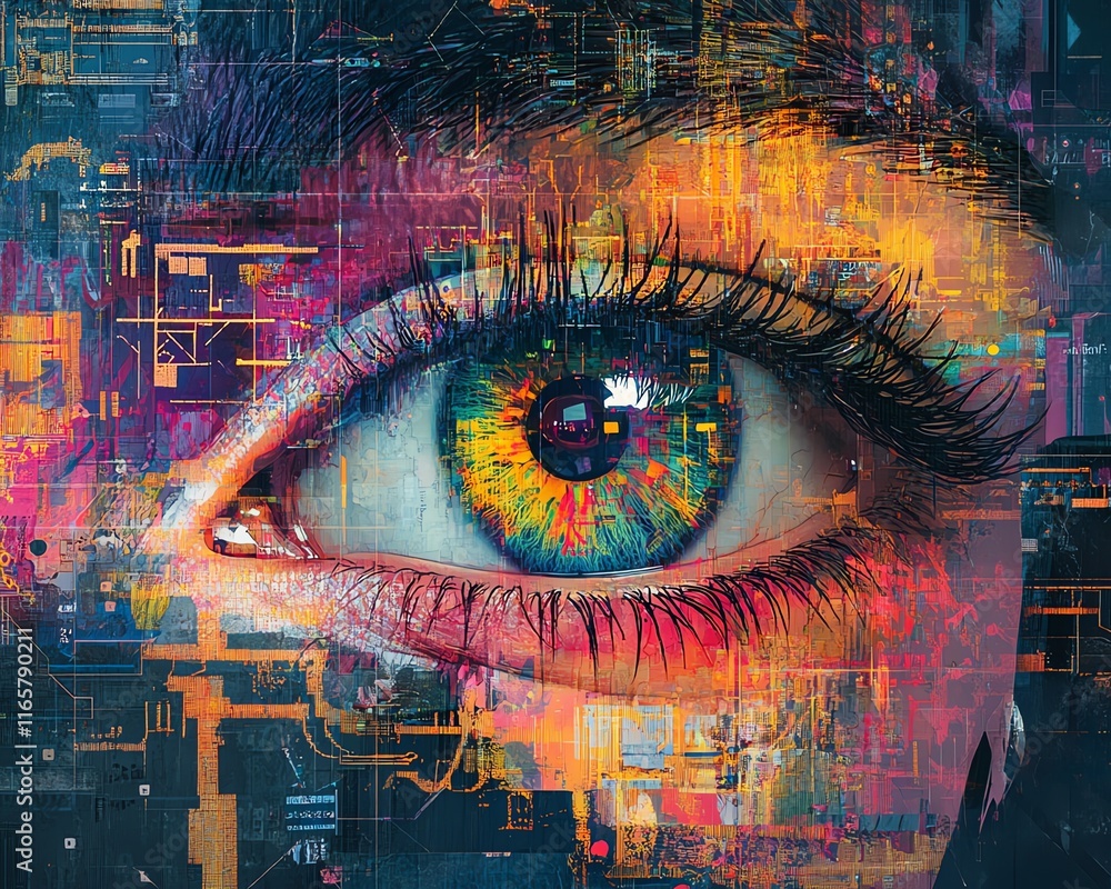 Poster futuristic eye collage with glowing circuits, vibrant colors, and layered digital elements, creating