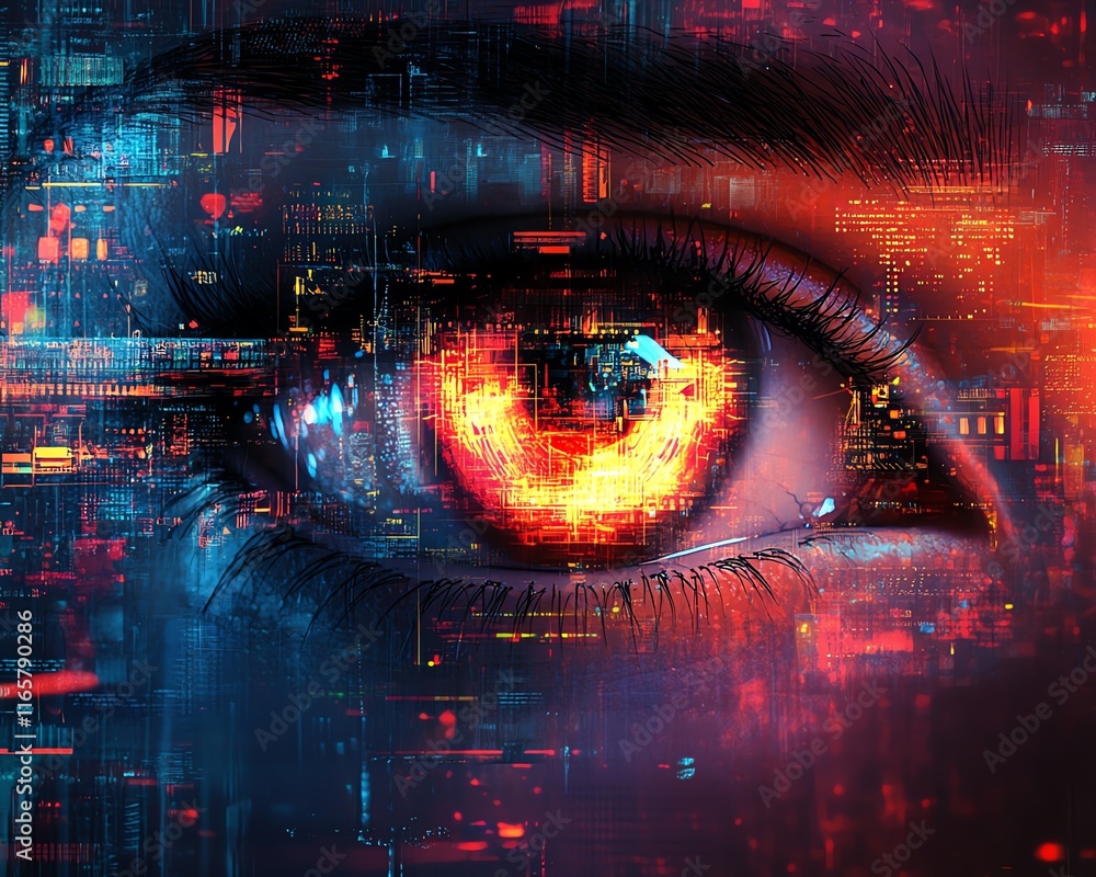 Poster futuristic eye collage with glowing circuits, vibrant colors, and layered digital elements, creating