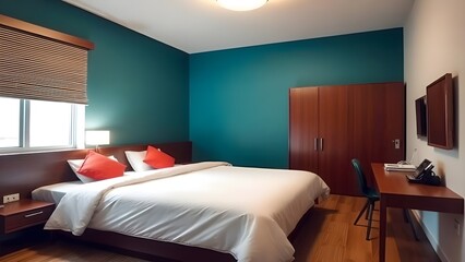 Modern Hotel Bedroom with Queen Bed and Teal Walls Generative AI