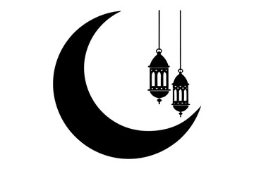 Silhouette of a Crescent Moon with Hanging Lanterns – Decorative Ramadan and Eid Symbol