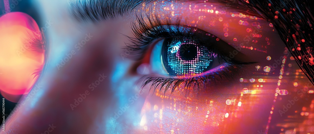 Poster mesmerizing eye collage embedded in a digital abstract design, with vibrant neon shades, holographic