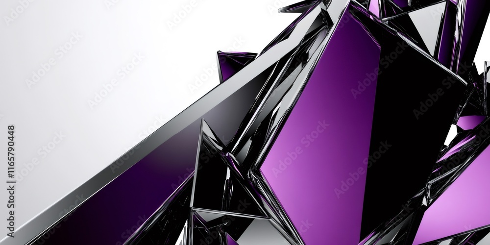 Poster chaotic composition of metallic purple and black fragmented shapes exploding on a white background, 