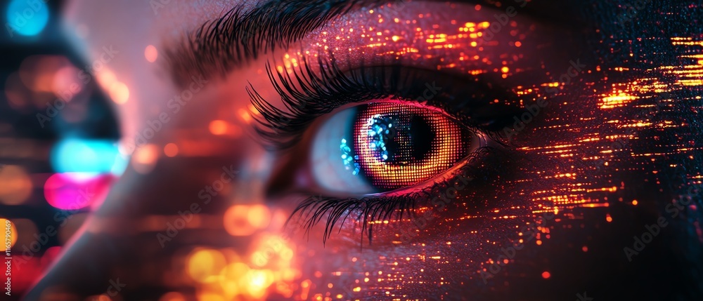Poster mesmerizing eye collage embedded in a digital abstract design, with vibrant neon shades, holographic