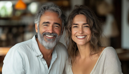 Mature Love: A genuine, radiant smile illuminates the faces of an older couple, radiating warmth and contentment. The soft lighting and close-up composition create an intimate and romantic atmosphere.