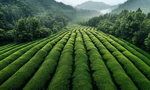 Lush green tea fields stretch across rolling hills in a serene landscape.