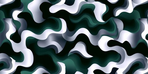Metallic wave patterns swirling in silver and deep green, forming sleek abstract background design with contemporary visual texture