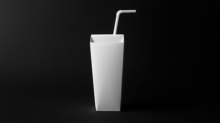 White juice carton with a straw sits on a dark surface