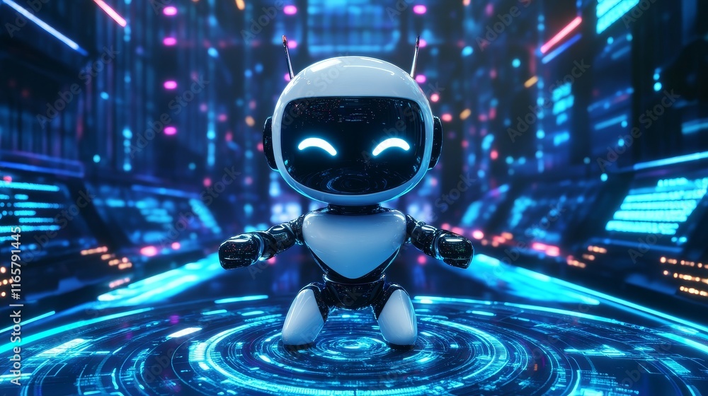 Poster 3d render of a cute glossy robot symbol with a glowing smiley face on a futuristic technology-inspir
