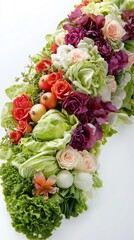 A Stunning Floral Arrangement with Vegetables and Fruits. A Vibrant Floral Design. A Colorful Bouquet of Roses and Vegetables. A Unique Floral Arrangement. A Creative Vegetable and Flower Arrangement.