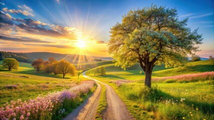 Naklejka premium A Winding Country Road Leading Through Lush Green Fields Towards a Golden Sunset with Rays of Sunlight Shining Through the Clouds