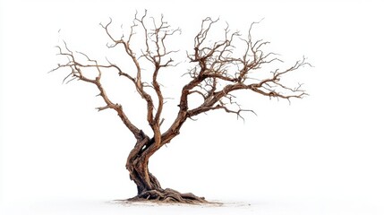 A withered tree with dry, brittle branches, standing alone on a white background, its leaves long gone and bark cracked.