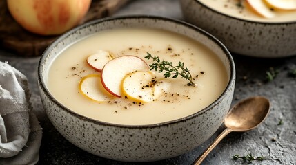 A close-up of a bowl of roasted parsnip and apple soup, garnished with crispy apple slices and thyme.