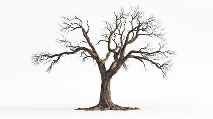 Fototapeta premium A withered tree with dry, brittle branches, standing alone on a white background, its leaves long gone and bark cracked.