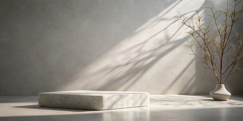 Minimalist Stone Pedestal Against a Textured Wall with Branch in a Vase and Sunlit Shadows