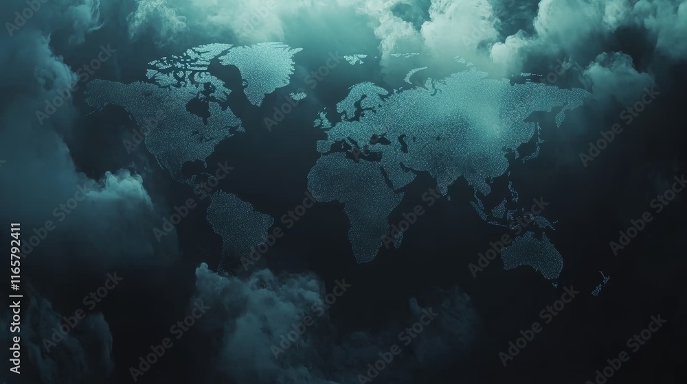 Poster blue digital world map with global network connections, representing big data, cloud computing, and 