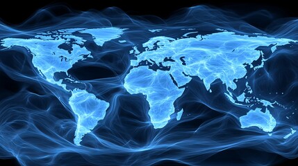 Blue digital world map with global network connections, representing big data, cloud computing, and internet technology advancements in a futuristic 3D visualization