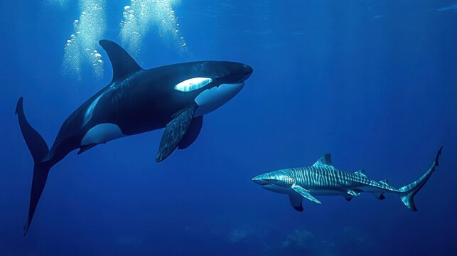An underwater adventure where a diver is positioned between a passing orca and a stealthy tiger shark, both gliding effortlessly through the open sea. - Powered by Adobe