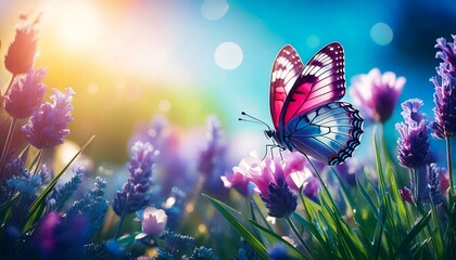 Wiosenne tło boke z motylem na kwiatach lawendy