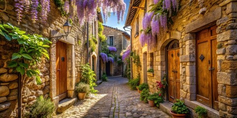 Fototapeta premium A narrow, cobblestone alleyway lined with stone buildings adorned with vibrant purple flowers, casting a whimsical charm on the picturesque setting.