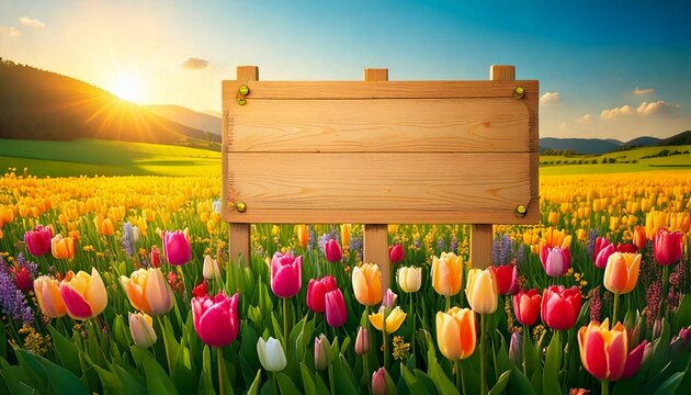 Drewniana na tablica pośr&oacute;d tulipan&oacute;w. Wiosenne tło z miejscem na tekst