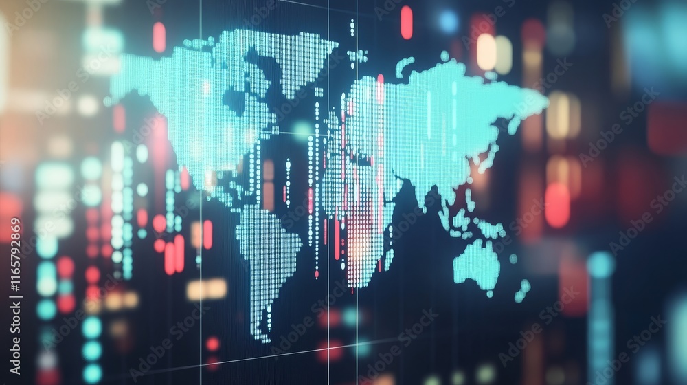 Aufkleber blue digital world map with global network connections, representing big data, cloud computing, and 