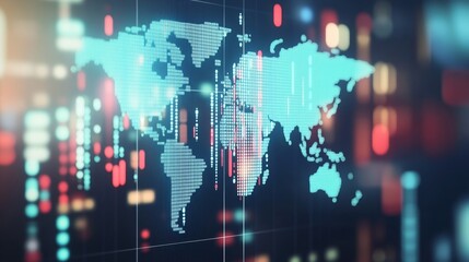 Blue digital world map with global network connections, representing big data, cloud computing, and internet technology advancements in a futuristic 3D visualization