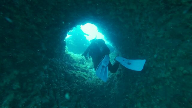 Scuba diving in the underwater caves of Menorca, Balearic Islands
