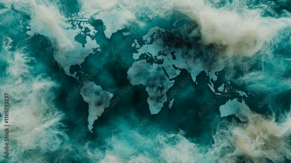 Aufkleber blue digital world map with global network connections, representing big data, cloud computing, and 