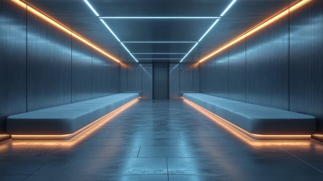 Futuristic corridor with neon lights and metallic walls. - Powered by Adobe