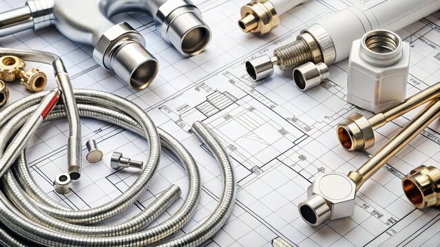 A variety of plumbing fixtures arranged on a blueprint, showcasing the intricate details and complexities of modern plumbing design