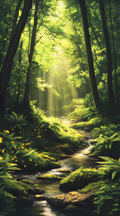 Obraz premium Sunlit Serenity: A Tranquil Escape in the Heart of the Forest