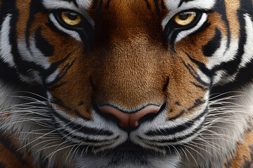 Close-up of a majestic tiger's face, showcasing its intense gaze and striking orange and black stripes.  A powerful image emphasizing the beauty and wildness of this endangered animal.