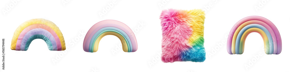 Poster colorful rainbows and a plush pillow with vibrant hues create a whimsical display of soft textures a