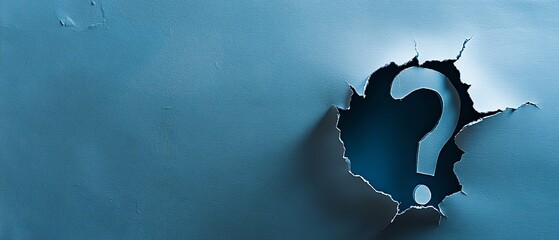 Question mark revealed through a torn blue surface.