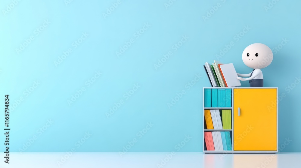 Poster a whimsical bookshelf with a character reading among colorful books.