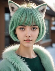 girl portrait with green hair and foxy ear