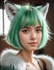 girl portrait with green hair and foxy ear