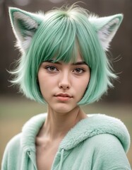 girl portrait with green hair and foxy ear