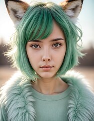 girl portrait with green hair and foxy ear