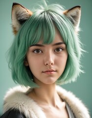 girl portrait with green hair and foxy ear