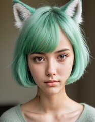 girl portrait with green hair and foxy ear