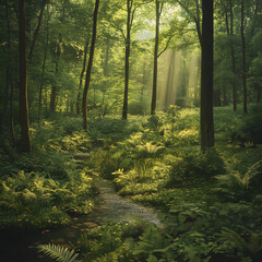 Obraz premium Sunlit Serenity: A Tranquil Escape in the Heart of the Forest