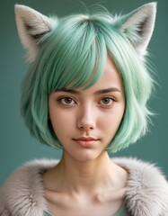 girl portrait with green hair and foxy ear