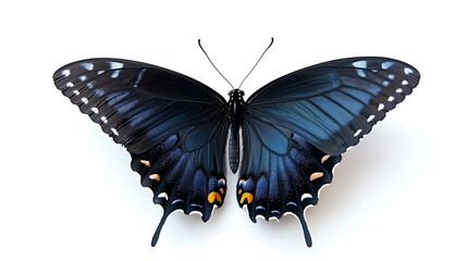 a black swallowtail butterfly with a blue hue, its wings spread open. 