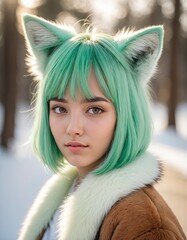 girl portrait with green hair and foxy ear