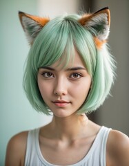 girl portrait with green hair and foxy ear