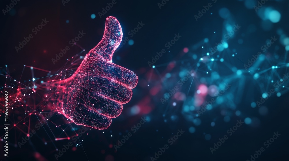 Poster futuristic thumbs-up hologram symbolizing digital approval and technological progress. a 3d render d